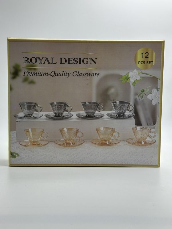 Luxury Smoky Glass Tea Cup & Saucer Set (12-Piece) – Modern Diamond Pattern - Image 4