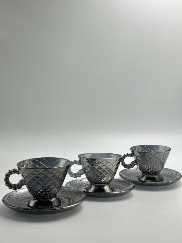 Luxury Smoky Glass Tea Cup & Saucer Set (12-Piece) – Modern Diamond Pattern - Image 3