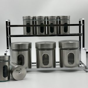 Stainless Steel Spice & Storage Jar Set with Rack.