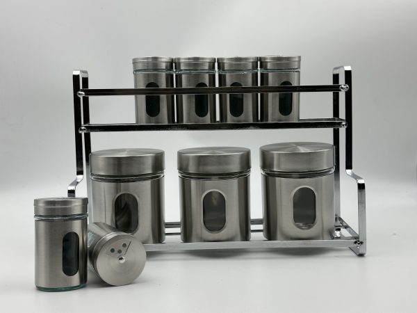 Stainless Steel Spice & Storage Jar Set with Rack.