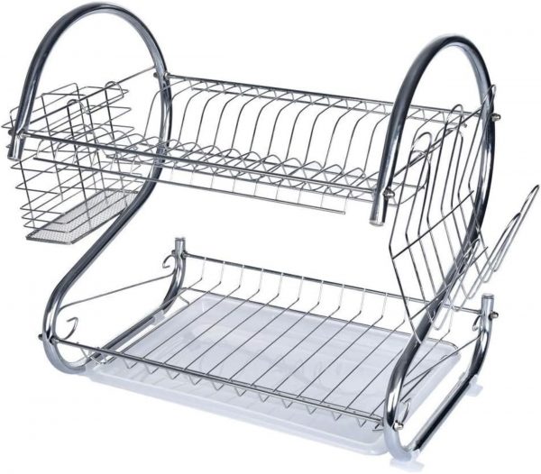 2-Layer Chrome-Plated Dish Drainer Rack with Utensil Holder