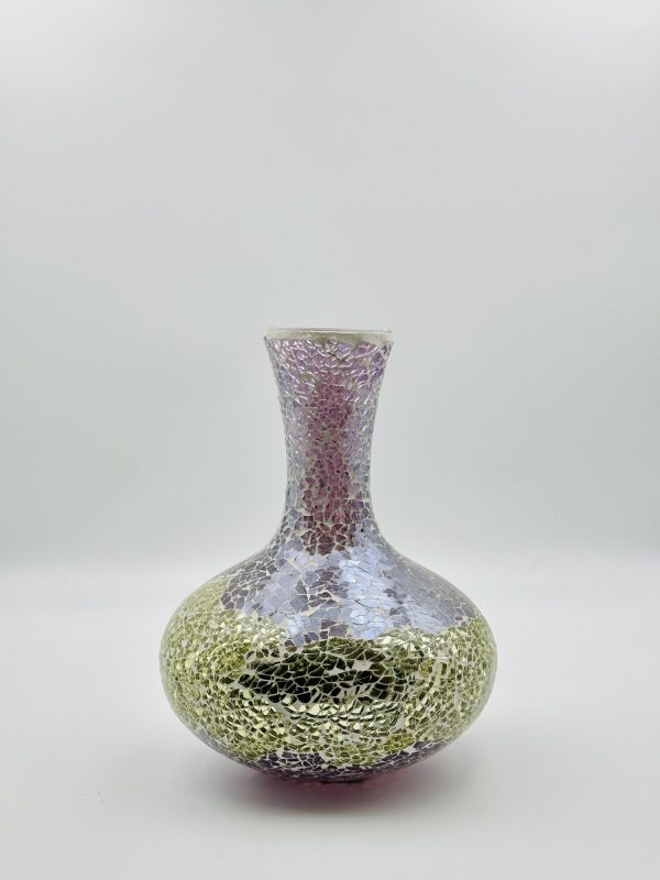 Iridescent Crackled Mosaic Glass Vase – Purple & Gold