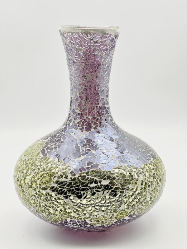 Iridescent Crackled Mosaic Glass Vase – Purple & Gold - Image 2