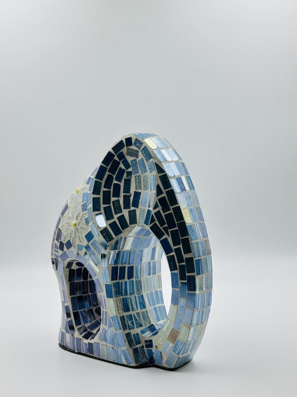 Handcrafted Abstract Mosaic Glass Sculpture – Blue & Silver