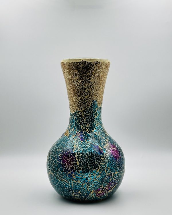 Turquoise & Gold Crackled Mosaic Glass Vase – Artistic Handcrafted Decor