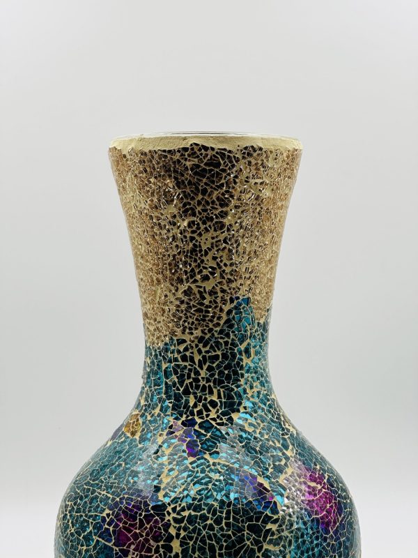 Turquoise & Gold Crackled Mosaic Glass Vase – Artistic Handcrafted Decor - Image 2