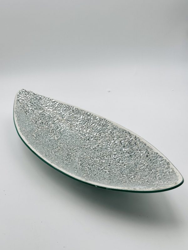 Silver Crackled Mosaic Decorative Boat Bowl – Handcrafted Elegant Accent