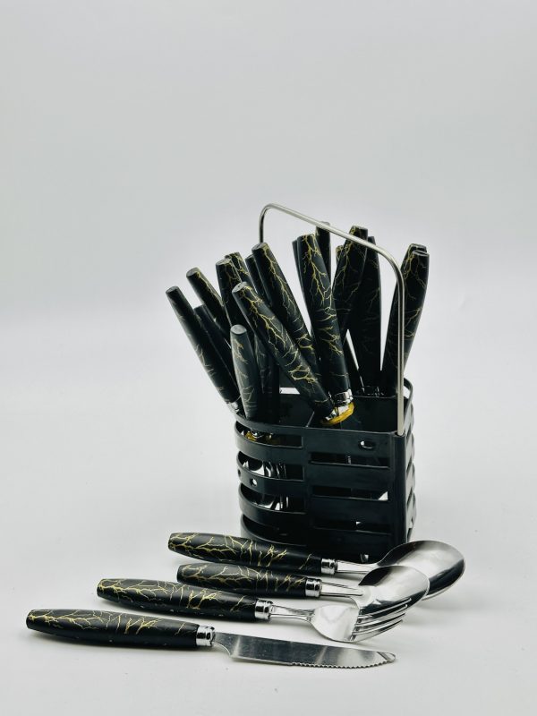 24-Piece Stainless Steel Cutlery Set with Marble Handle / Holder (Black & Gold) - Image 2