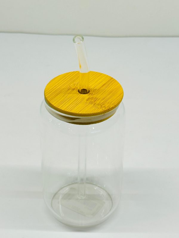 Glass Tumbler with Bent Glass Straw & Bamboo Lid 350ml