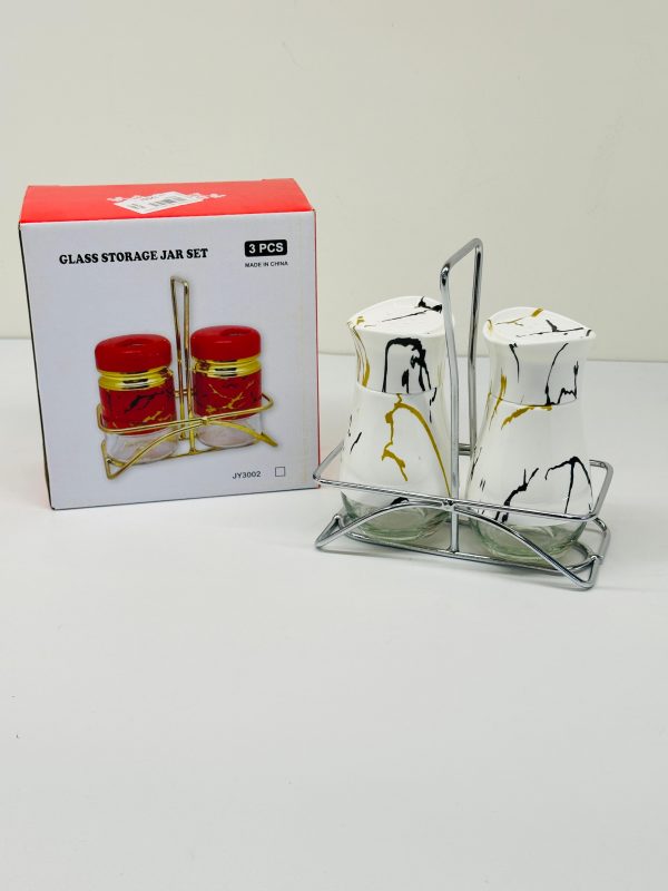 Glass Storage Jar Set – 3 PCS with Metal Rack (Marble Design)