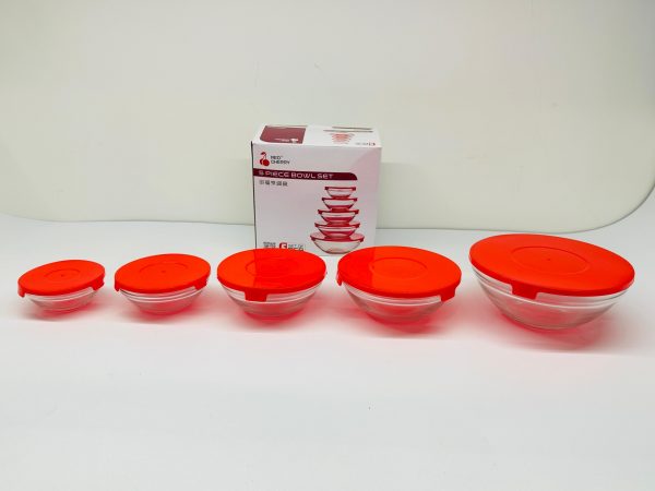 Red Cherry 5-Piece Glass Bowl Set with Airtight Red Lids