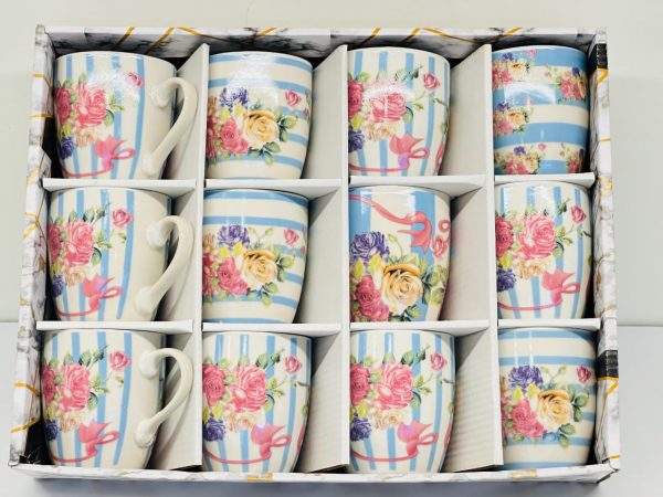 Floral Striped Ceramic Mug Set (12 Pcs)