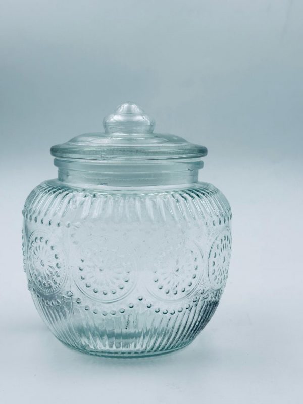 Round Embossed Glass Storage Medium Jar with Lid