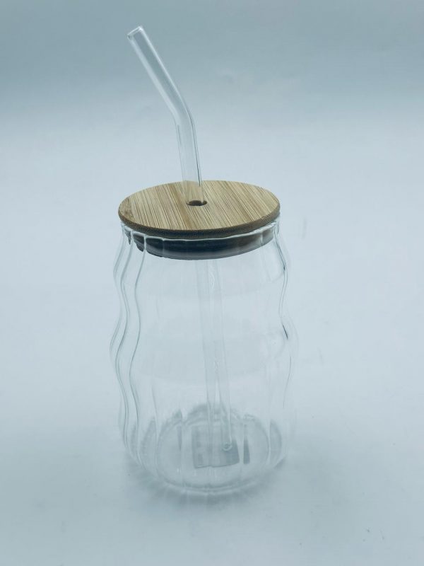 Wavy Glass Tumbler with Bamboo Lid & Glass Straw