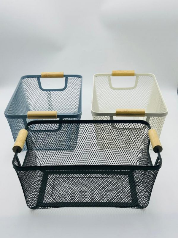 Metal Mesh Storage Basket with Wooden Handles