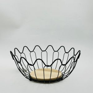 Modern Black Metal Fruit Basket with Wooden Base