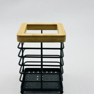 Black Metal Cutlery Holder with Wooden Top