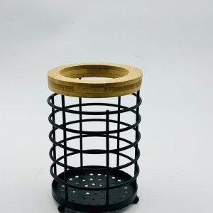 Black Metal Cutlery & Utensil Holder with Bamboo Top Ring