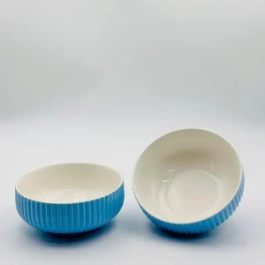 Ribbed Blue Ceramic Serving Bowl – White Interior