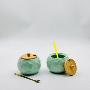 Mint Green Ceramic Sugar Jar with Bamboo Lid & Spoon