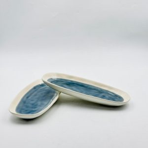 Oval Ceramic Serving Plate – Blue Glaze Center Design (25cm x 12cm)