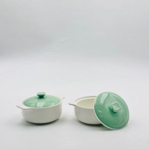 Mini Ceramic Bowl with Lid – Green Handle Pot