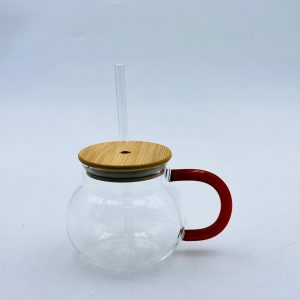 Glass Mug with Bamboo Lid & Straw – Red Handle (Medium)